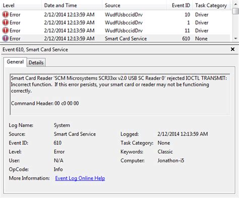 smart card reader error 610